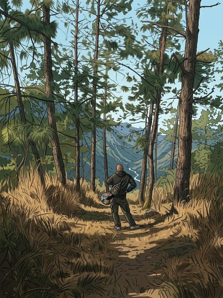 Illustration of a man seen from behind on a sunlit pine-forest trail, a sling bag on his back and a patterned helmet in hand, looking out over a mountain valley with a winding river.